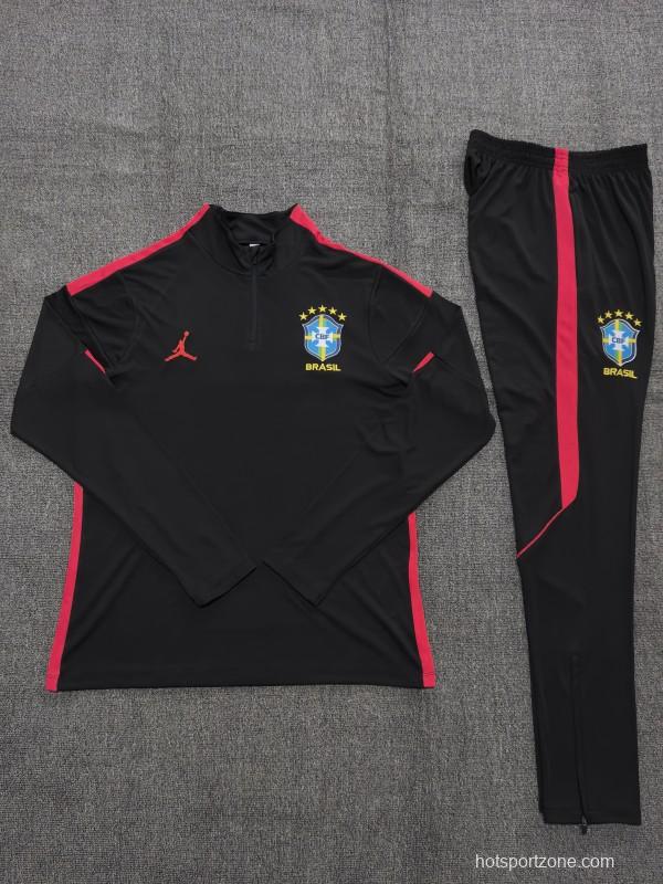 26/27 Kids Brazil Black & Red Half Zipper Jacket Tracksuit + Long Pants