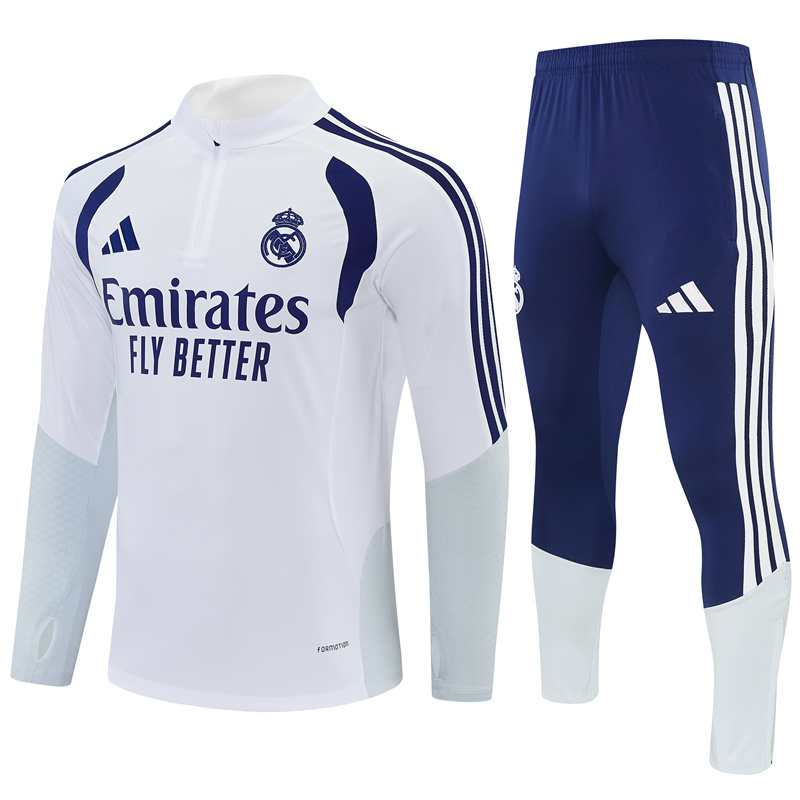 26/27 Kids Real Madrid Home White Half Zipper Jacket Tracksuit + Long Pants