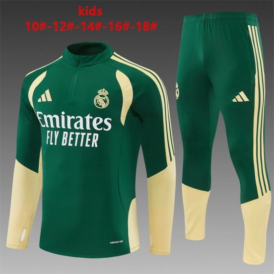 26/27 Kids Real Madrid Green & Cream  Half Zipper Jacket Tracksuit + Long Pants