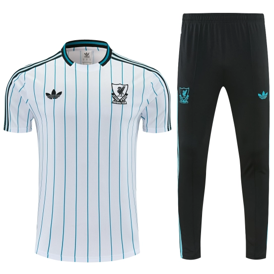 26/27 Liverpool White with Teal Pinstripe Short Sleeve Tracksuit + Long Pants