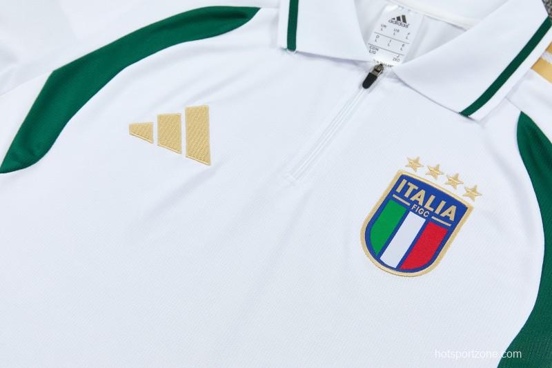 2026 Italy White & Green Half-Zip Polo Short Sleeve Tracksuit + Long Pants