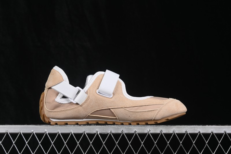 Bottega Veneta Orbit Flash Suede Round-Toe Mary Jane Flat Shoes with Hook-and-Loop Strap in Straw Yellow and Mist Grey - AJE5