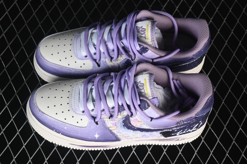 Nike Air Force 1 '07 Low Hand-Painted Graffiti Sneakers with Misty Purple Gradient and Retro Street Art Design - FJ7740-190