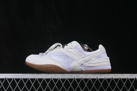 Miumiu Gymnasium 26s Spring Summer Runway Multi-Element Clash Round Toe Lace-Up Mesh German Trainer Shoes Leather