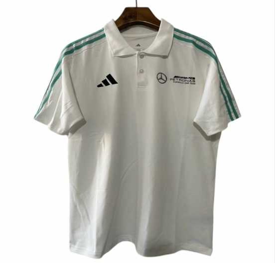 2025 F1 Mercedes-AMG Petronas Formula One Team White with Turquoise Three Stripes Polo Shirt