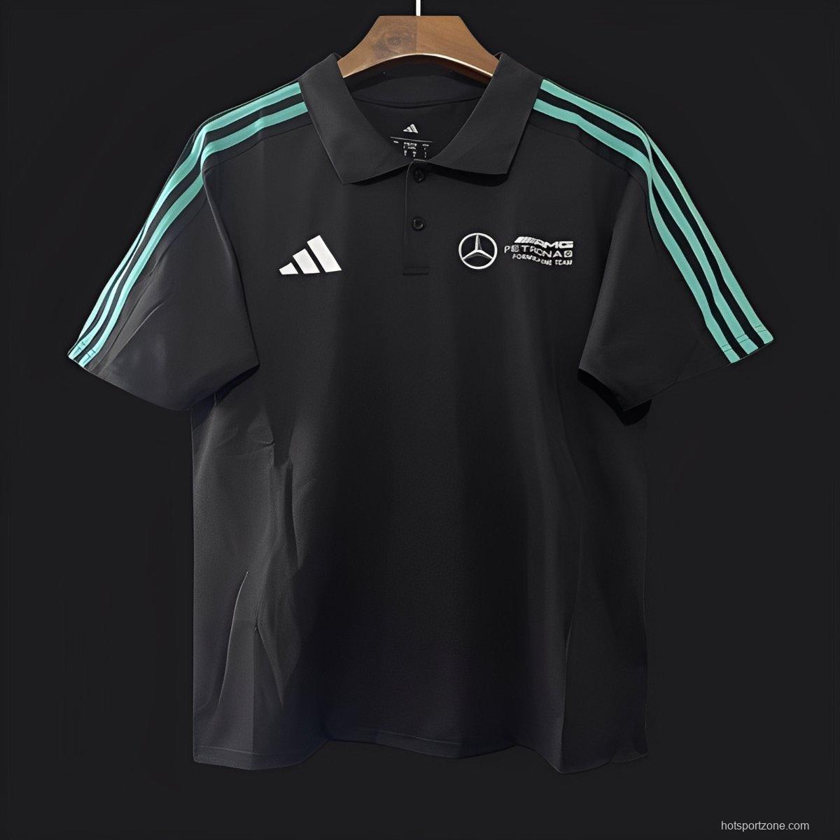 2025 F1 Mercedes-AMG Petronas Formula One Team Black with Turquoise Three Stripes Polo Shirt