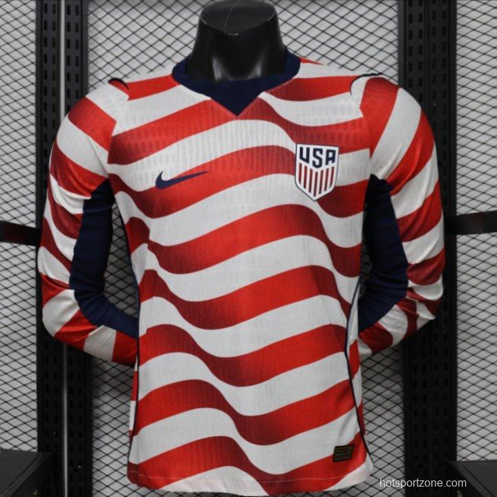 Player Version 2026 USA White & Red with Wave Stripe Long Sleeve Home Jersey